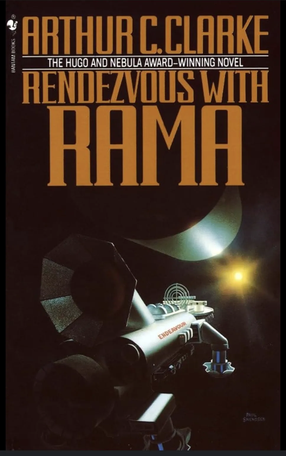 The image is the cover of Arthur C. Clarke's science fiction novel 'Rendezvous with Rama,' featuring a spaceship named…