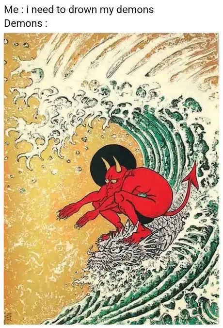 A red cartoon devil with horns and a tail is surfing on a large, stylized wave, depicted in a traditional Japanese ukiyo-e…