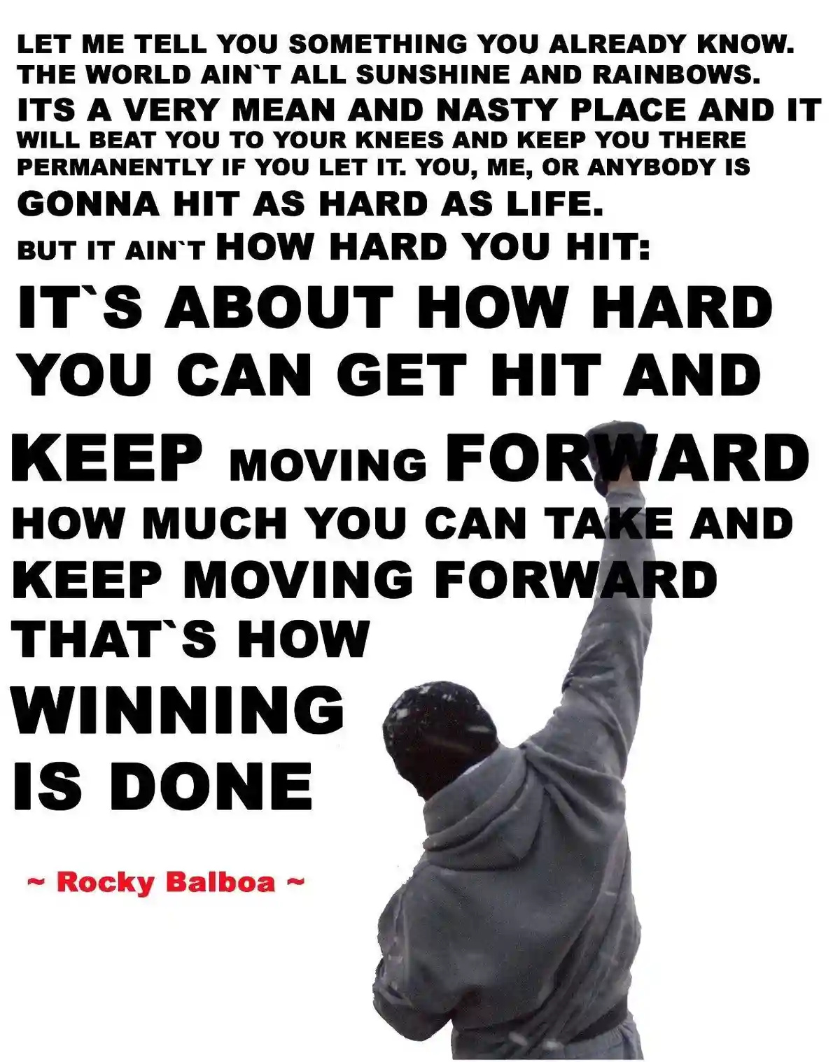 A black-and-white image shows the back of a man in a grey hoodie and beanie, raising one fist triumphantly in the air while…