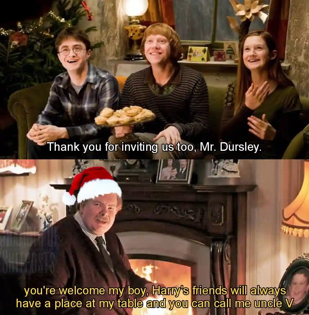 The top panel shows Harry Potter, Ron Weasley, and Hermione Granger smiling and clapping while sitting on a couch, with Ron…
