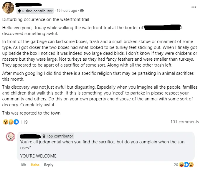 A screenshot of a Reddit comment thread where a user reports finding dead birds near garbage, suspecting a religious…