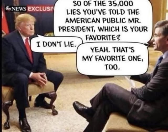 A still from a news interview shows Donald Trump seated and responding to a question about his lies. The interviewer asks…