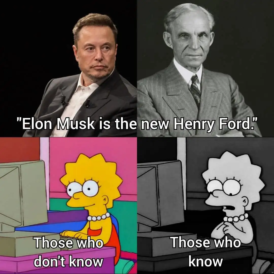 A four-panel meme featuring Elon Musk and Henry Ford in the top panels, with text claiming "Elon Musk is the new Henry…