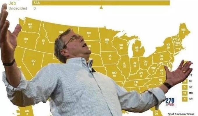 A man with glasses and a light-colored button-up shirt stands with arms outstretched in front of a yellow electoral map of…