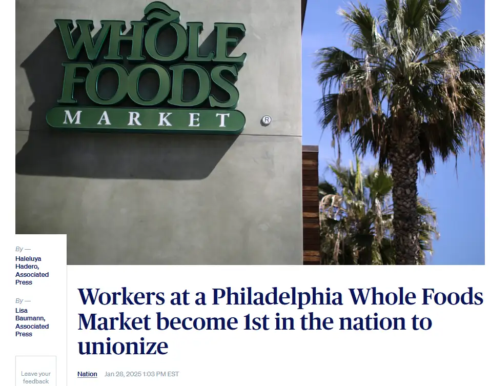 The image shows a split view: on the left, a green 'Whole Foods Market' sign mounted on a gray wall, and on the right, a…