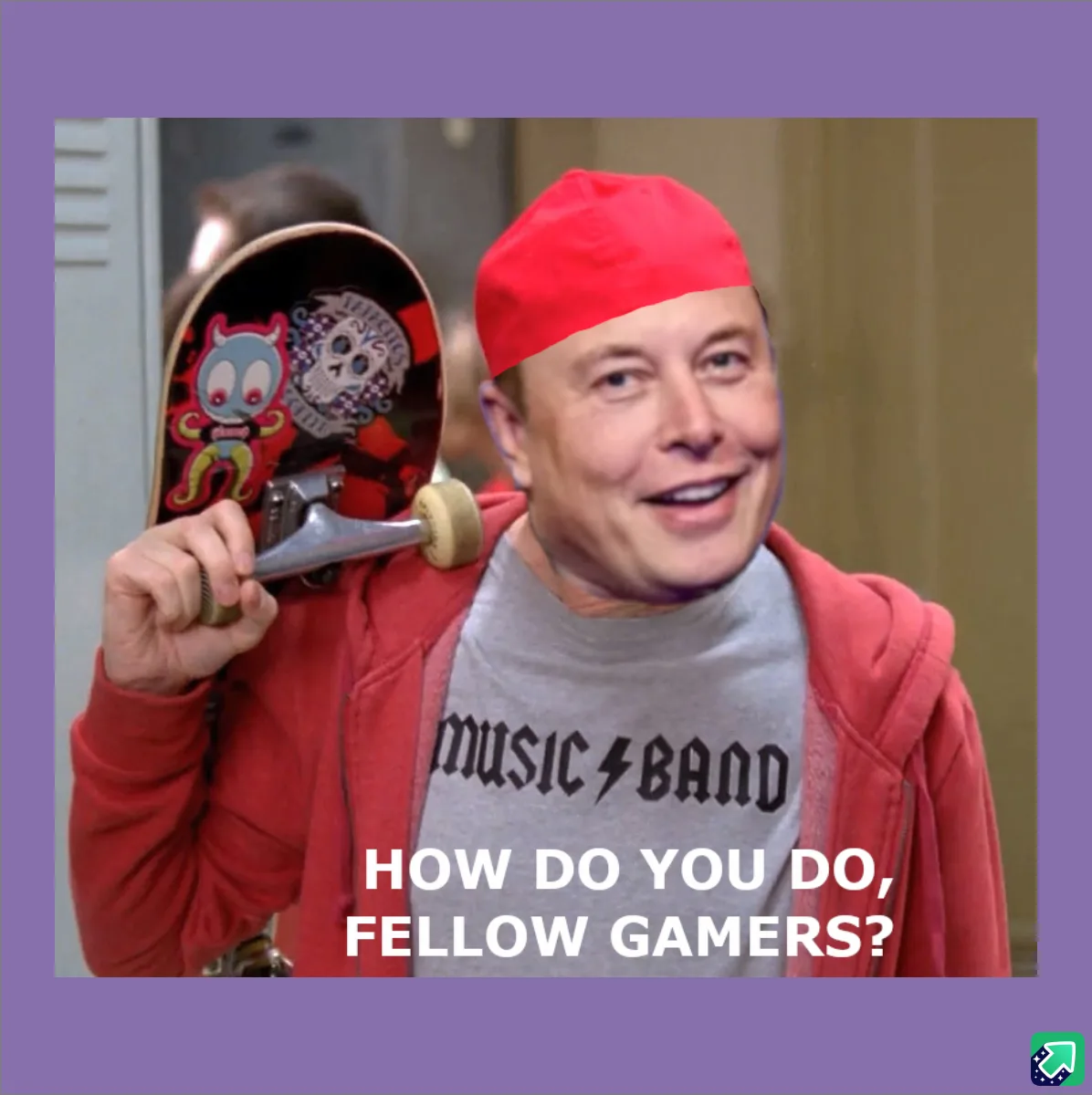 A person wearing a red cap and red hoodie over a gray t-shirt that says 'MUSIC BAND' holds a skateboard with a skull and…