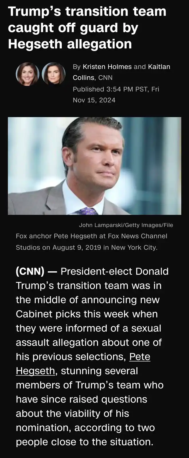 The image displays a screenshot of a CNN news article with the headline 'Trump's transition team caught off guard by Hegseth…