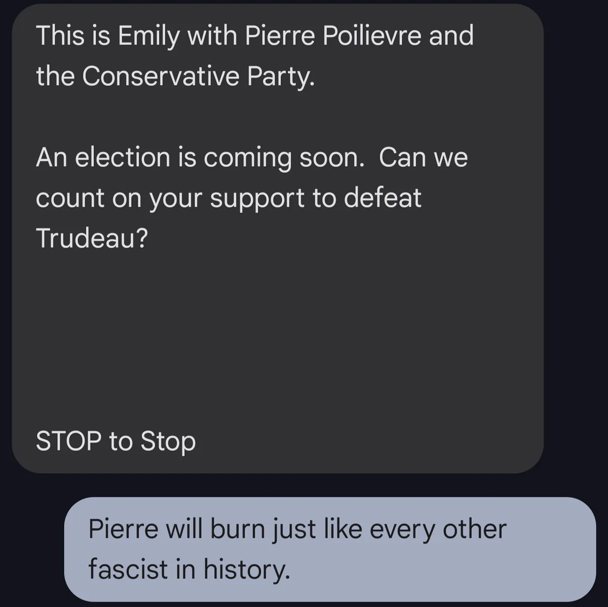 The image shows a mock text message conversation. The first message, from 'Emily with Pierre Poilievre and the Conservative…