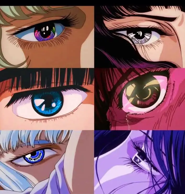 A six-panel grid of anime-style close-ups showing six different characters' eyes, each with unique and highly stylized…