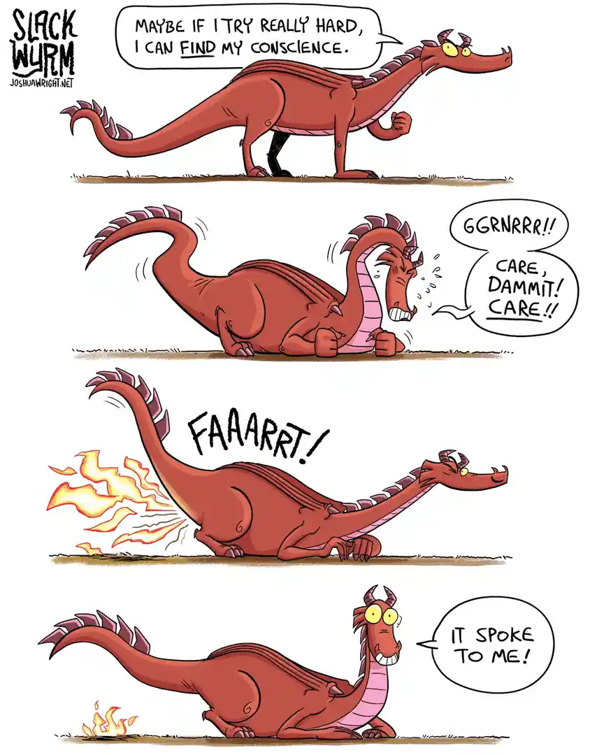 A four-panel comic strip featuring a red cartoon dragon. In the first panel, the dragon says, 'MAYBE IF I TRY REALLY HARD, I…
