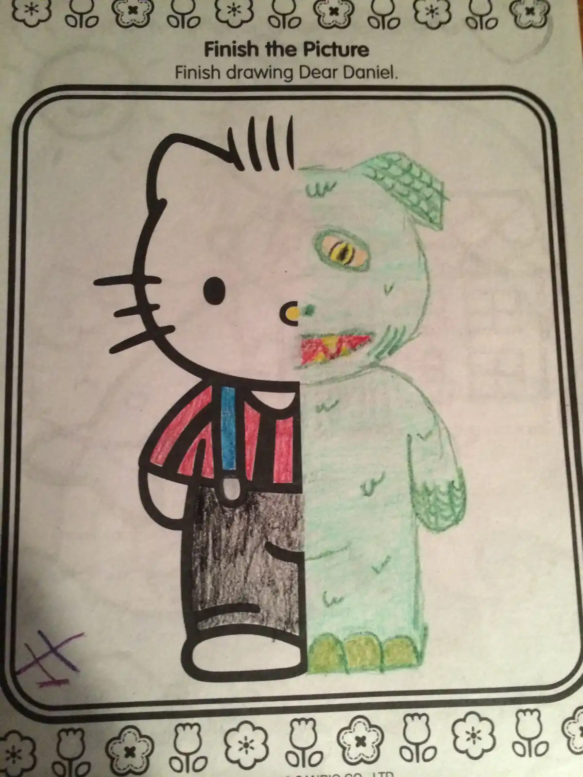 A child's coloring page shows a split image: the left half is a colored Hello Kitty in a striped shirt and pants, while the…