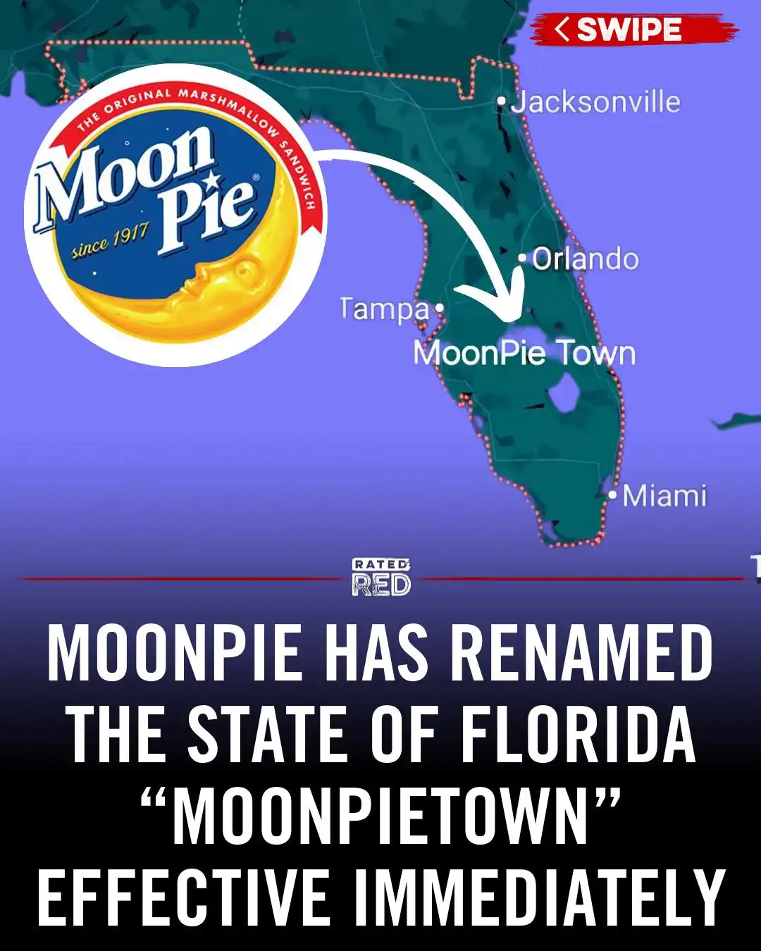 A map of Florida shows a large Moon Pie logo in the top left corner, with a white arrow pointing to a location labeled…