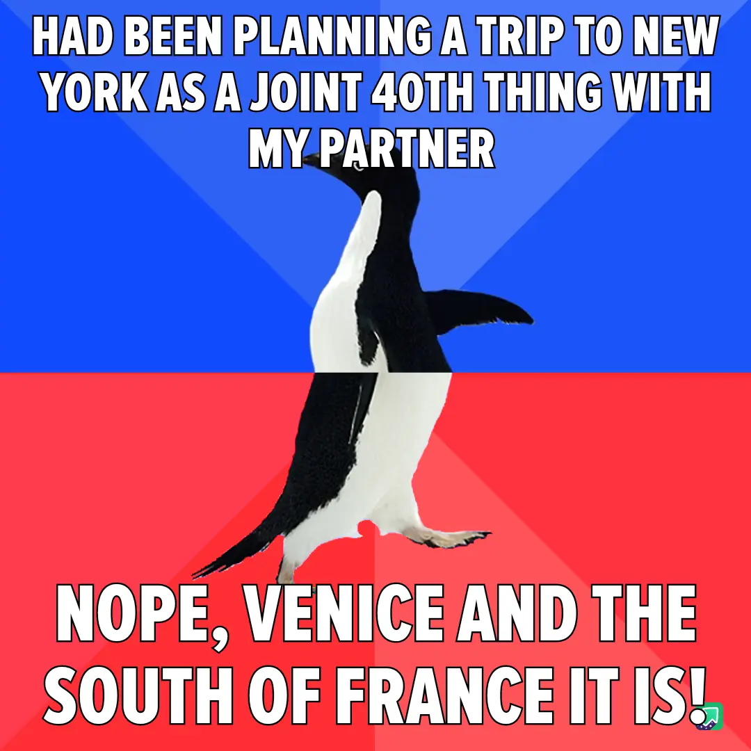 A penguin stands upright against a split blue and red background, with white bold text at the top stating 'HAD BEEN PLANNING…
