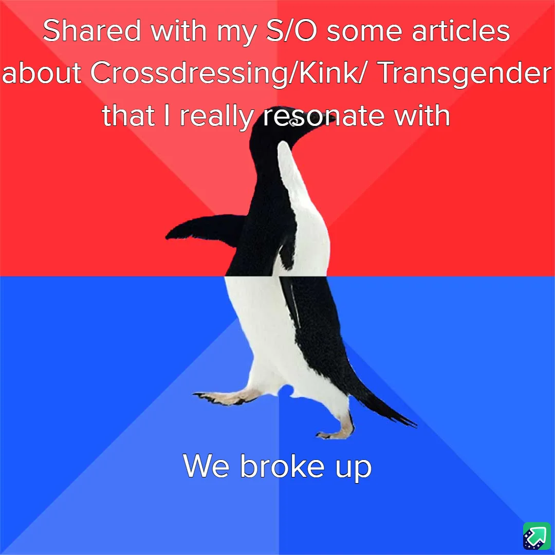 A penguin stands centered against a red and blue background, with white text at the top reading 'Shared with my S/O some…