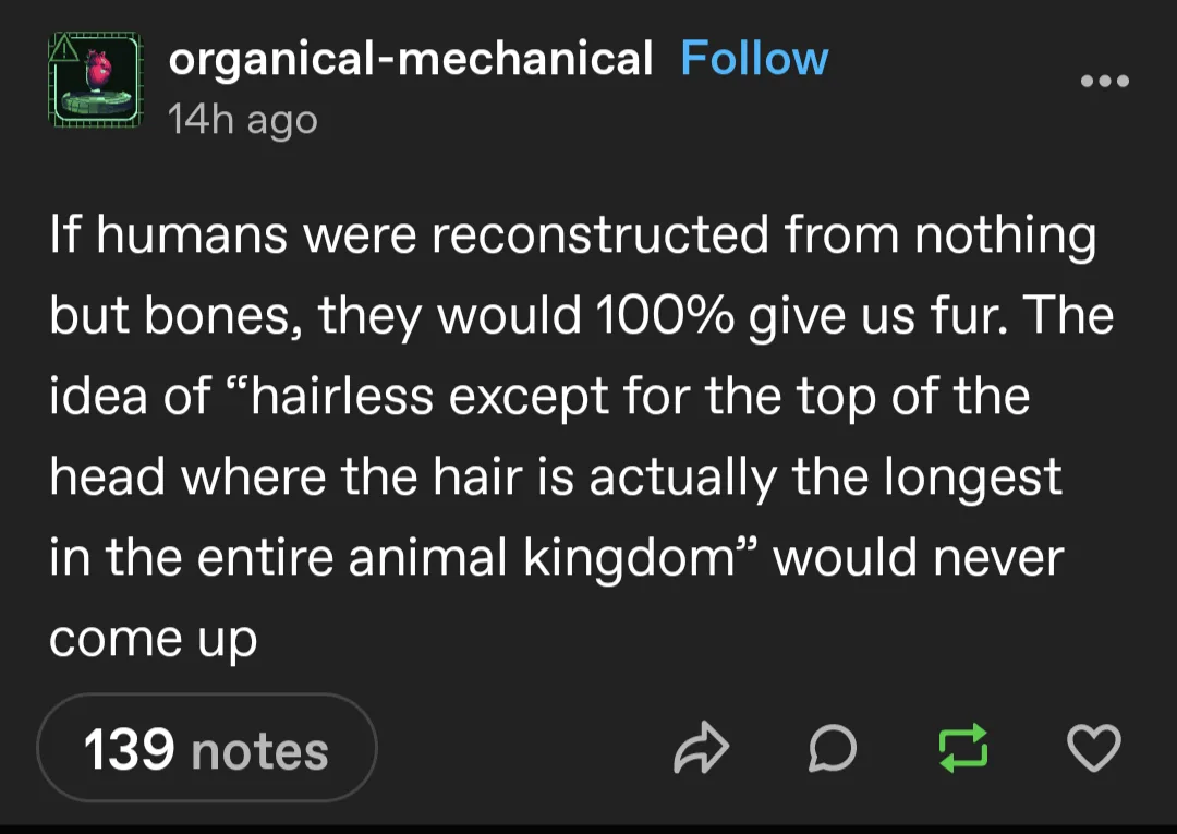 A screenshot of a Tumblr post by 'organical-mechanical' showing a text-based meme. The post's white text on a dark…