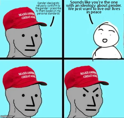 A four-panel comic featuring a gray, featureless face wearing a red 'MAKE AMERICA GREAT AGAIN' cap. In the top-left panel…