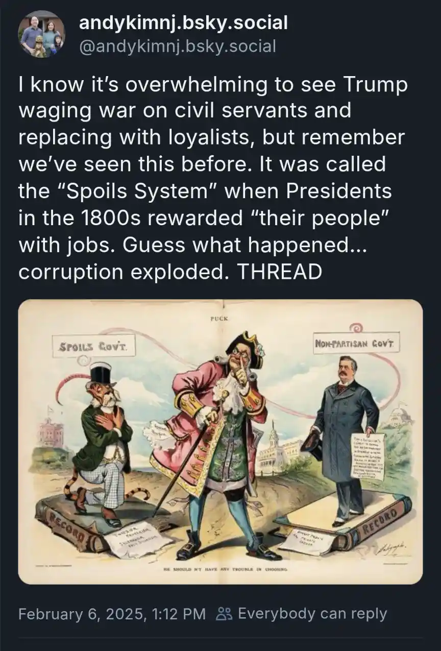 A vintage political cartoon from Puck magazine shows a man in a pink military-style coat pointing at two figures. One…