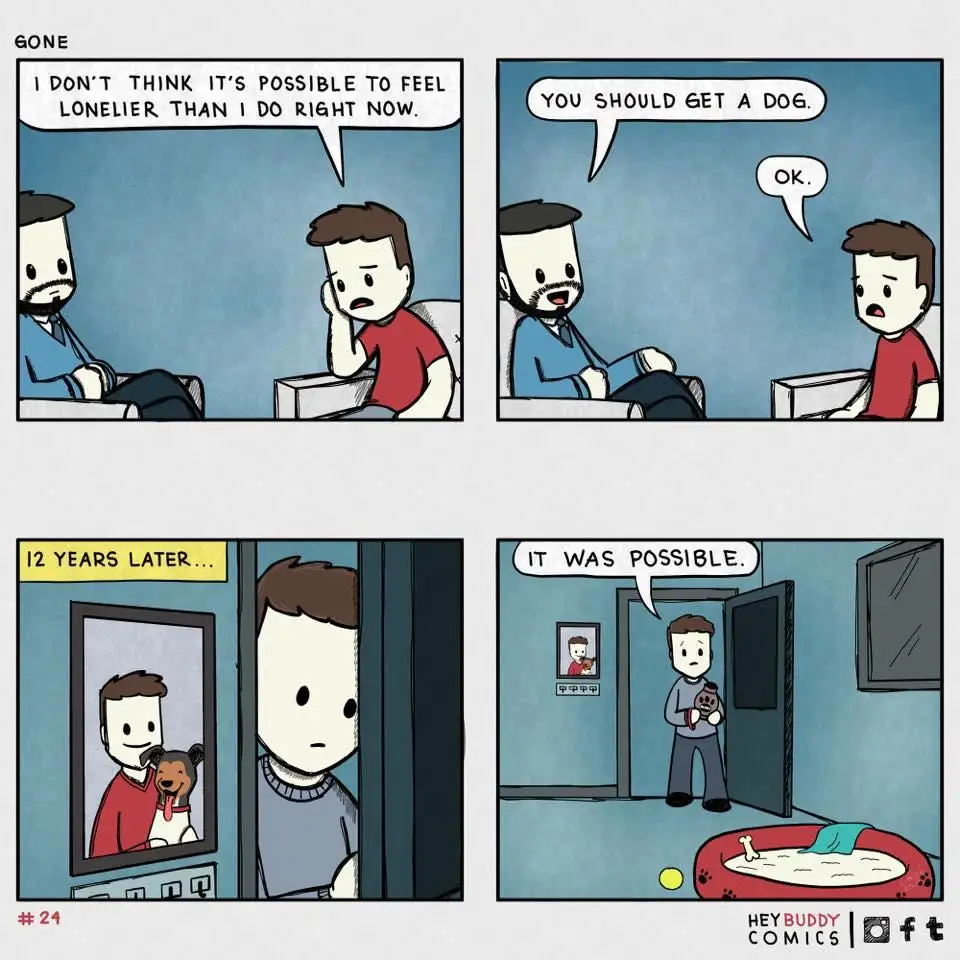 A four-panel comic strip shows a man telling a therapist he's the loneliest he's ever been. The therapist suggests he get a…