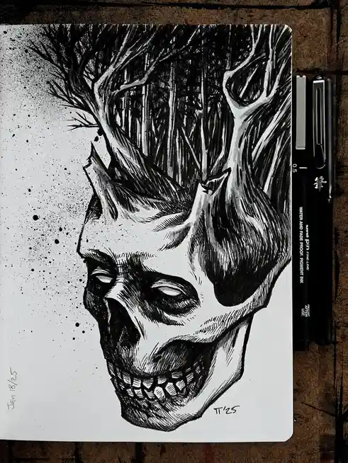 A black-and-white ink drawing on paper shows a stylized skull with tree branches growing out of its head, resembling antlers…