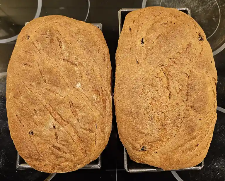 Two freshly baked loaves of bread sit side-by-side in metal loaf pans on a dark stovetop. The loaf on the left has a…
