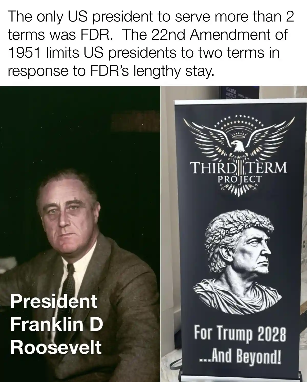 The image displays a split-screen: on the left, a historical photo of President Franklin D. Roosevelt with text identifying…