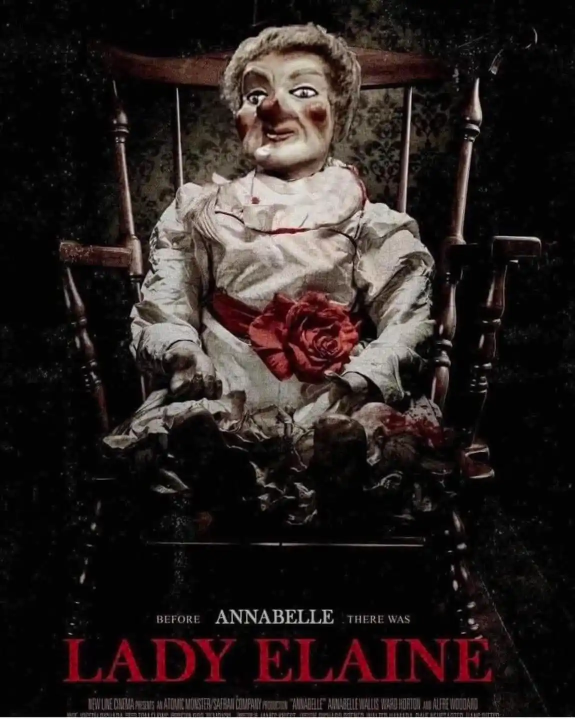 A promotional poster for the horror film 'Lady Elaine' features a creepy, doll-like figure with a painted face, wearing a…