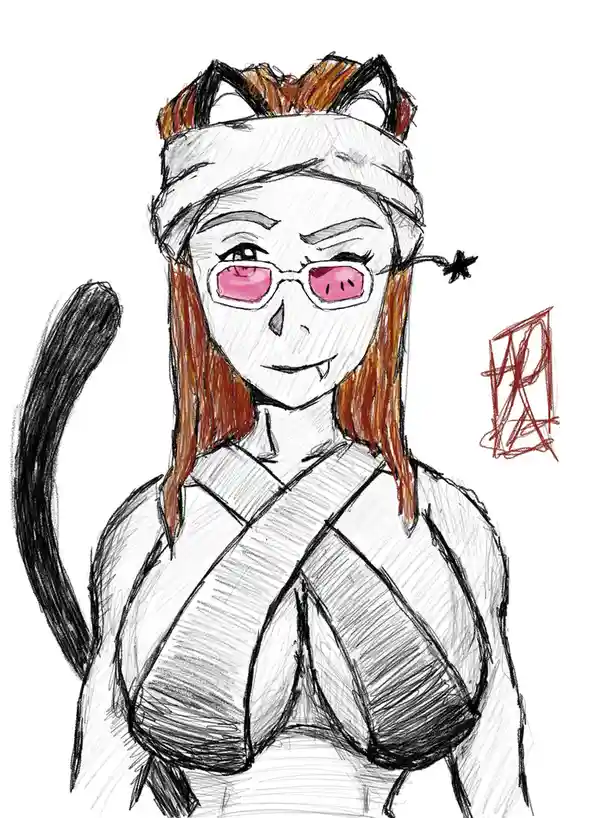 A hand-drawn sketch of a female character with cat ears, a tail, pink sunglasses, fangs, and a headband, wearing a revealing…