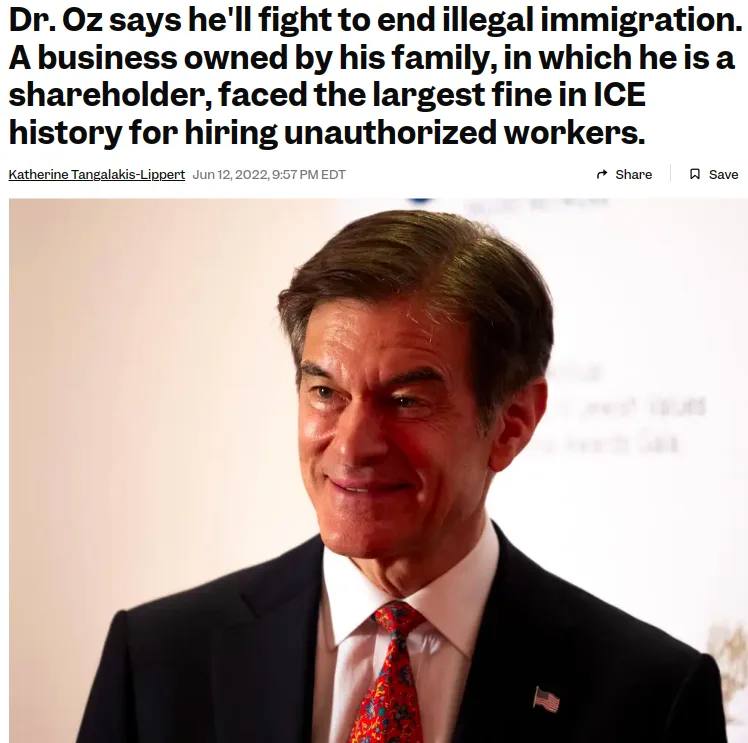 A photo of Dr. Mehmet Oz smiling while wearing a suit and tie with an American flag pin, overlaid with text stating he…