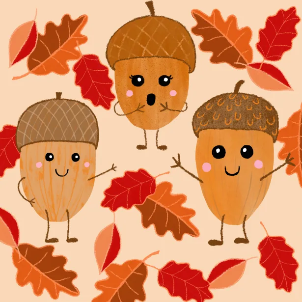 Three cartoon acorns with faces and limbs are surrounded by autumn leaves. The middle acorn has a shocked expression with…