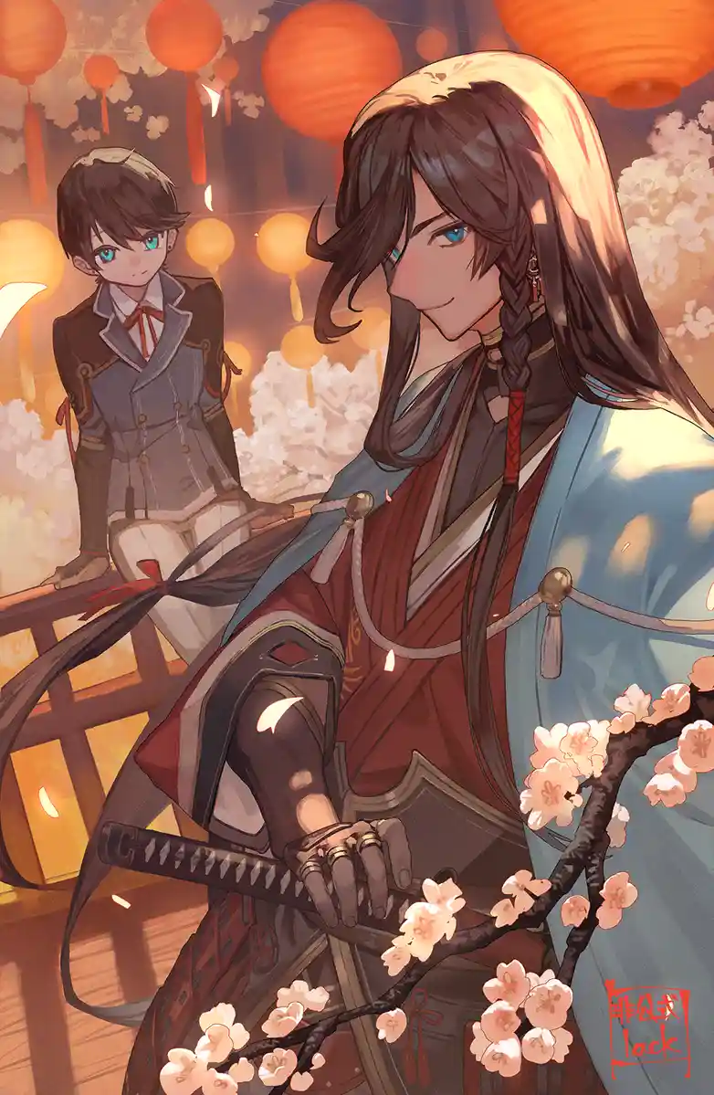 An anime-style illustration shows two characters in a festive setting with glowing orange lanterns and cherry blossoms. The…
