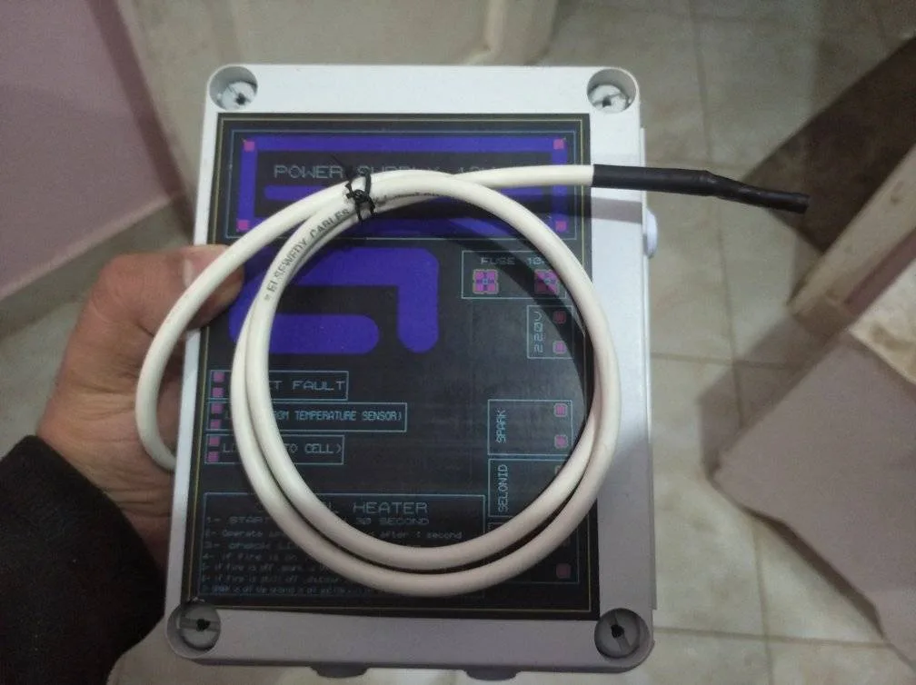 A hand holds a white electronic device labeled 'POWER SUPPLY 100V' with a coiled white cable resting on its surface. The…
