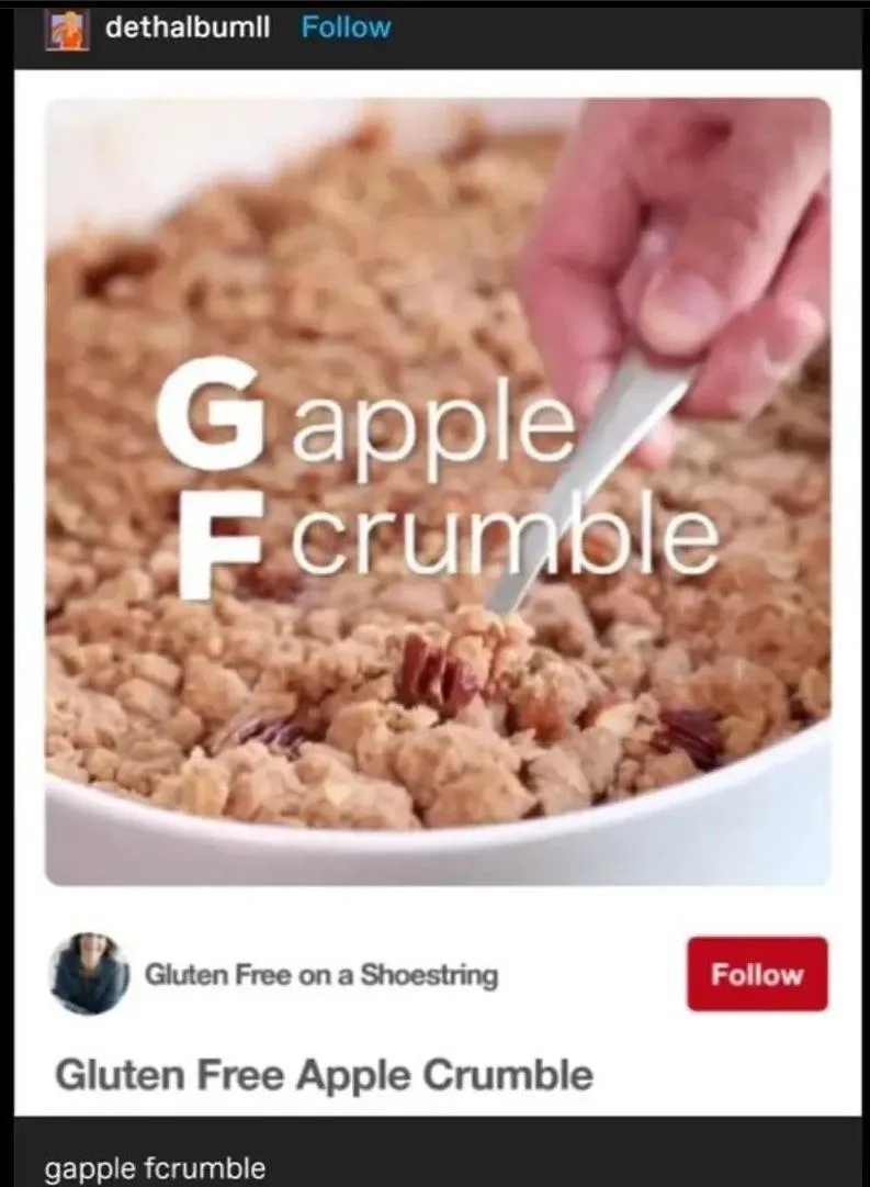 A close-up image of a hand using a spoon to scoop a gluten-free apple crumble dessert from a white bowl. Large white text…