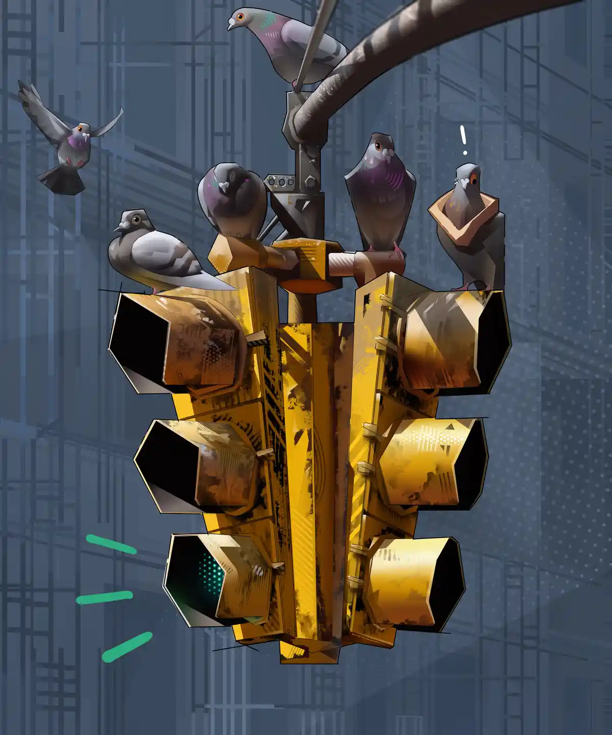 A cartoonish illustration shows multiple pigeons perched on and around a yellow traffic light in an urban setting. One…