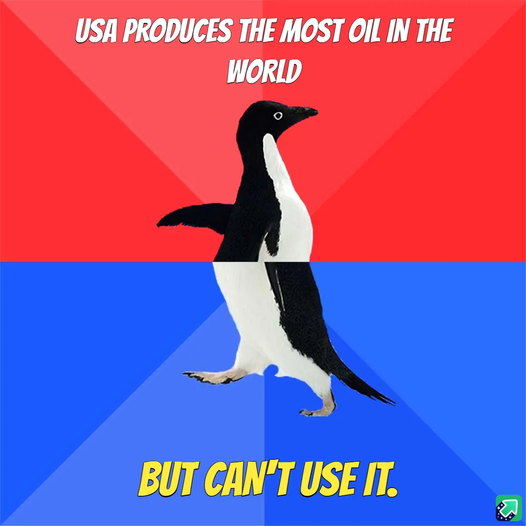 A penguin stands centered against a red and blue background split diagonally. White text at the top reads 'USA PRODUCES THE…