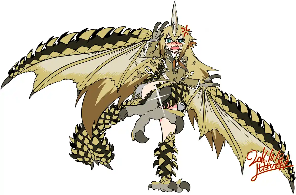 An anime-style girl with dragon-like features, including large wings, spiky scales, and a horn, is depicted in a distressed…