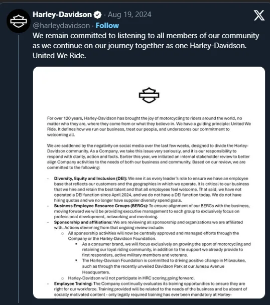A screenshot of a Harley-Davidson Twitter post from August 19, 2024, showing a company statement about diversity, equity…