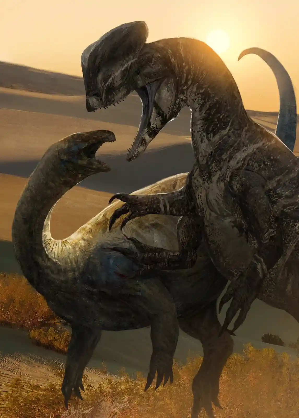 A dramatic prehistoric scene shows a large, dark-skinned theropod dinosaur attacking a smaller, lighter-colored dinosaur…