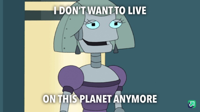 A cartoon robot with a sad, wide-eyed expression and a slightly open mouth stands in a doorway. White text overlaid on the…