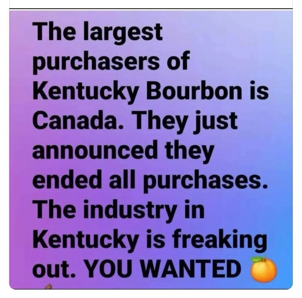 A purple-to-blue gradient background displays bold black text stating that Canada, the largest buyer of Kentucky Bourbon…