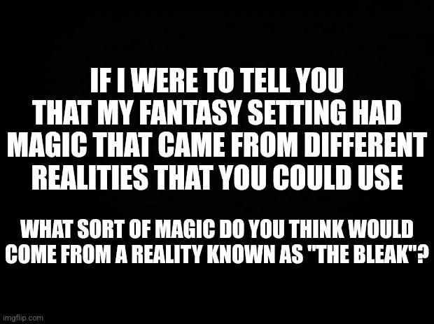 A black background with bold white text posing a question about fantasy magic from a reality called 'The Bleak'. The text is…