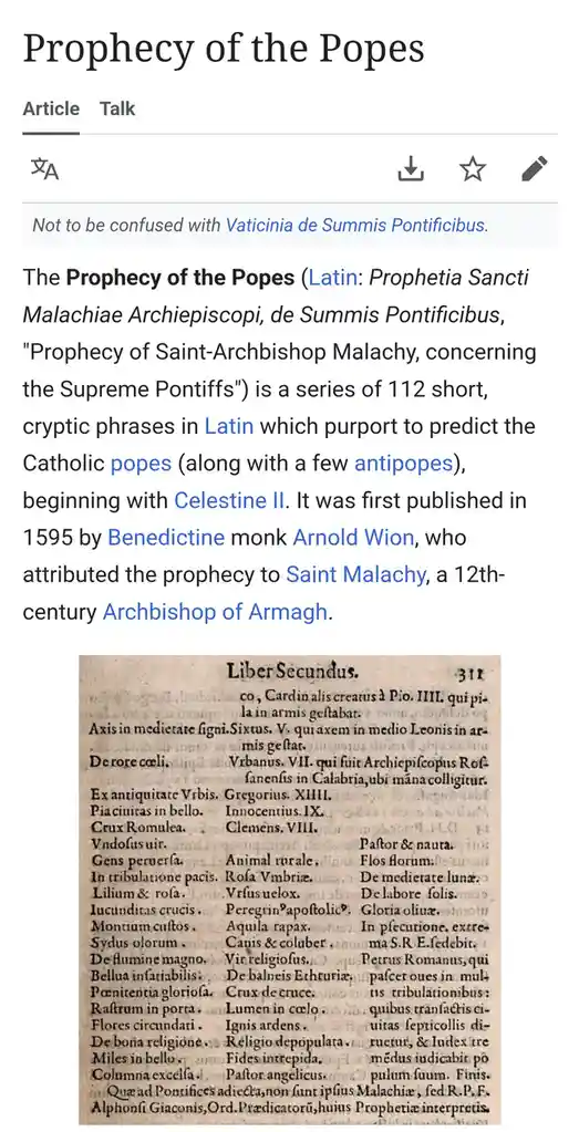 The image displays a Wikipedia article page titled 'Prophecy of the Popes,' featuring a snippet of an old Latin text titled…