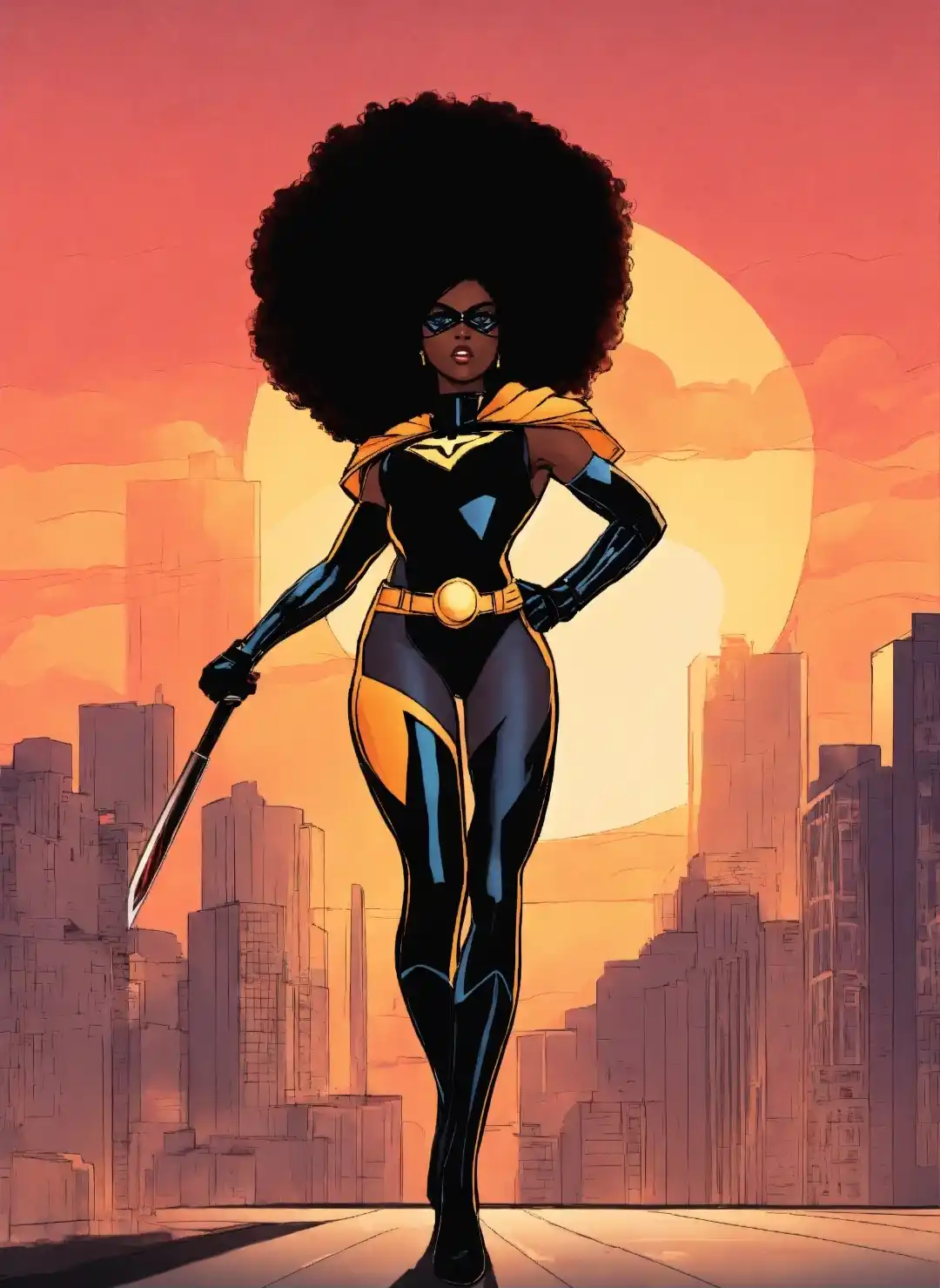 A Black female superhero with a large afro, wearing a black and yellow suit with a cape, stands confidently on a rooftop…