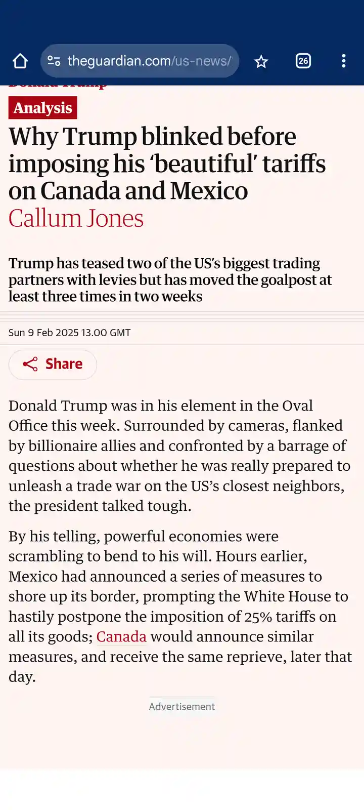 A screenshot of a The Guardian news article titled 'Why Trump blinked before imposing his 'beautiful' tariffs on Canada and…
