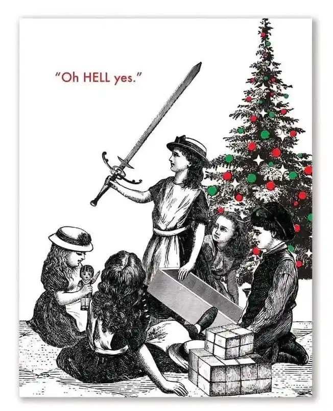 A vintage black-and-white illustration shows children gathered around a Christmas tree and presents. One girl stands up…