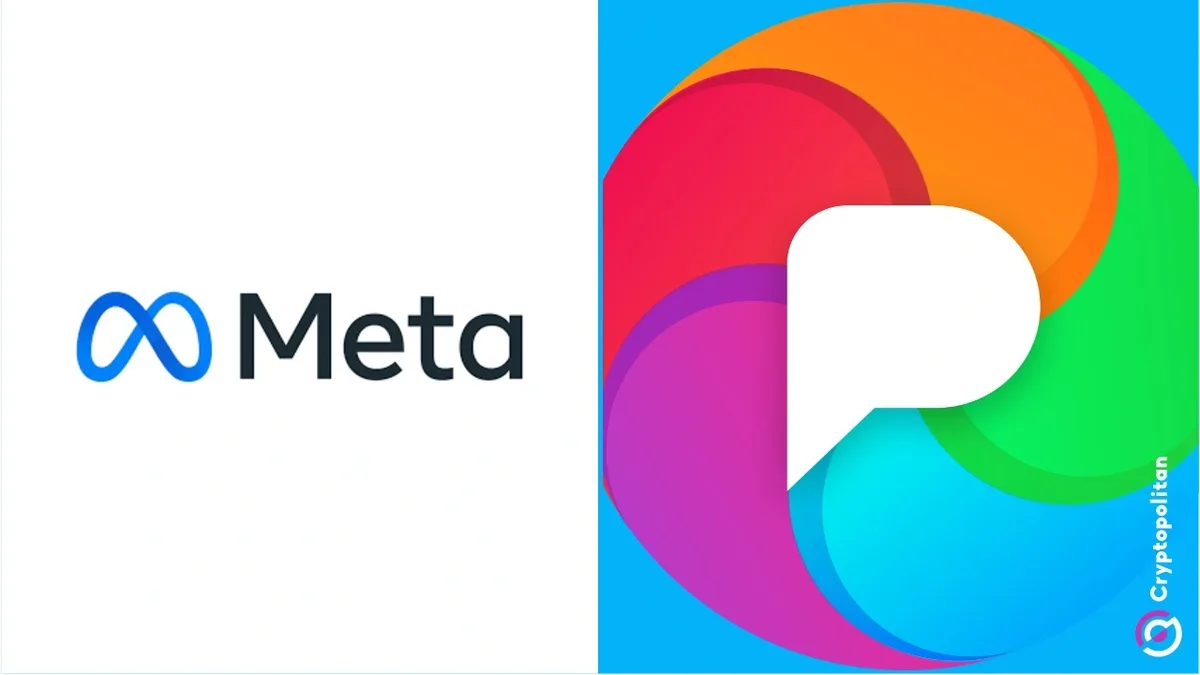 The image displays the Meta logo on the left side against a white background, and on the right side, the colorful, abstract…