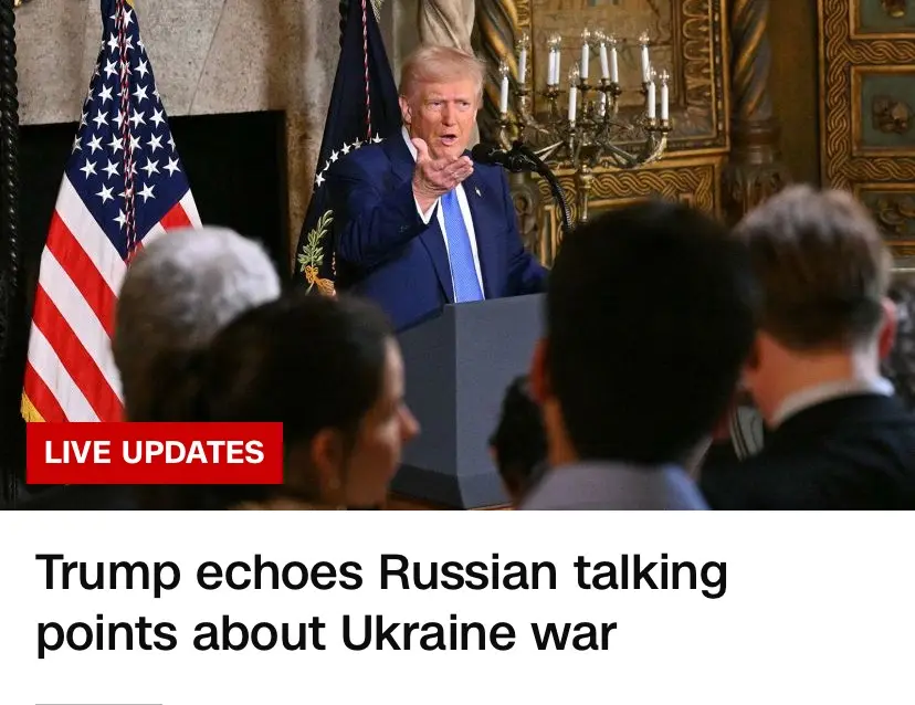 A photo shows Donald Trump speaking at a podium in a formal room with American and presidential flags behind him, gesturing…