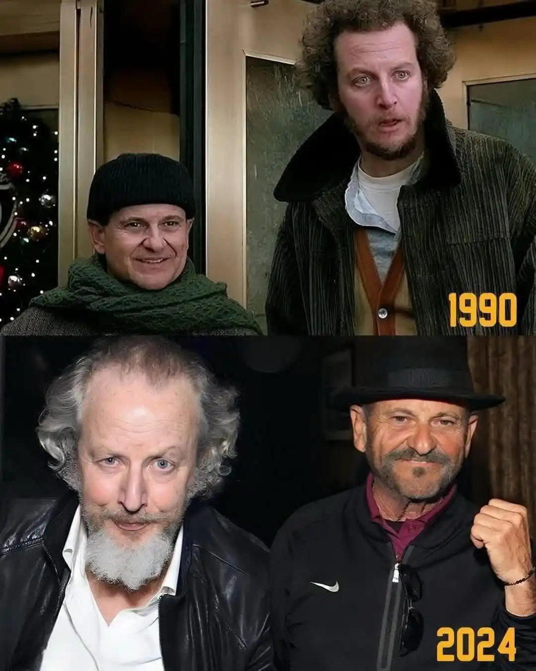 The image is a four-panel collage comparing two men in two different time periods. Top left: A man in a black beanie and…