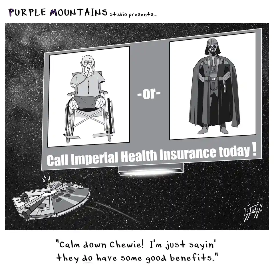 A black-and-white Star Wars-themed advertisement shows two options: an elderly man in a wheelchair with an oxygen mask, or…