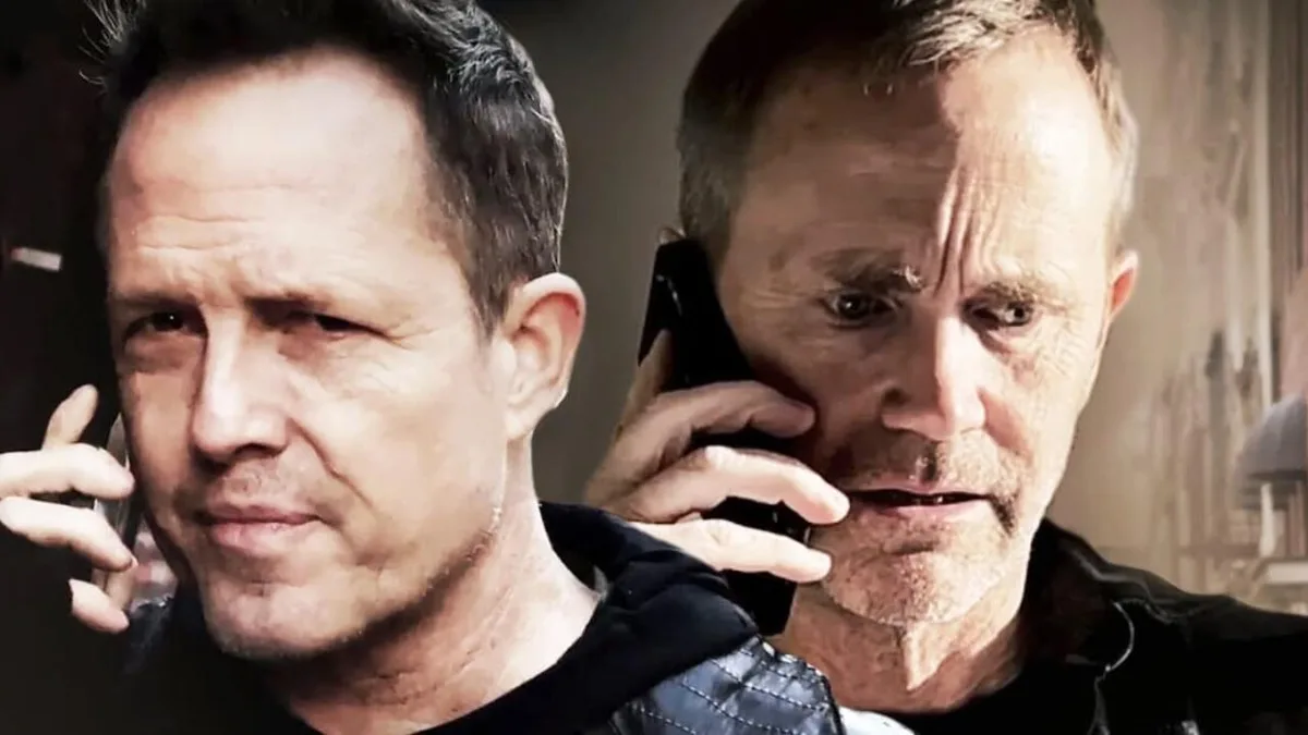 two men are shown on a split screen, both holding phones to their ears with serious, intense expressions. The man on the…