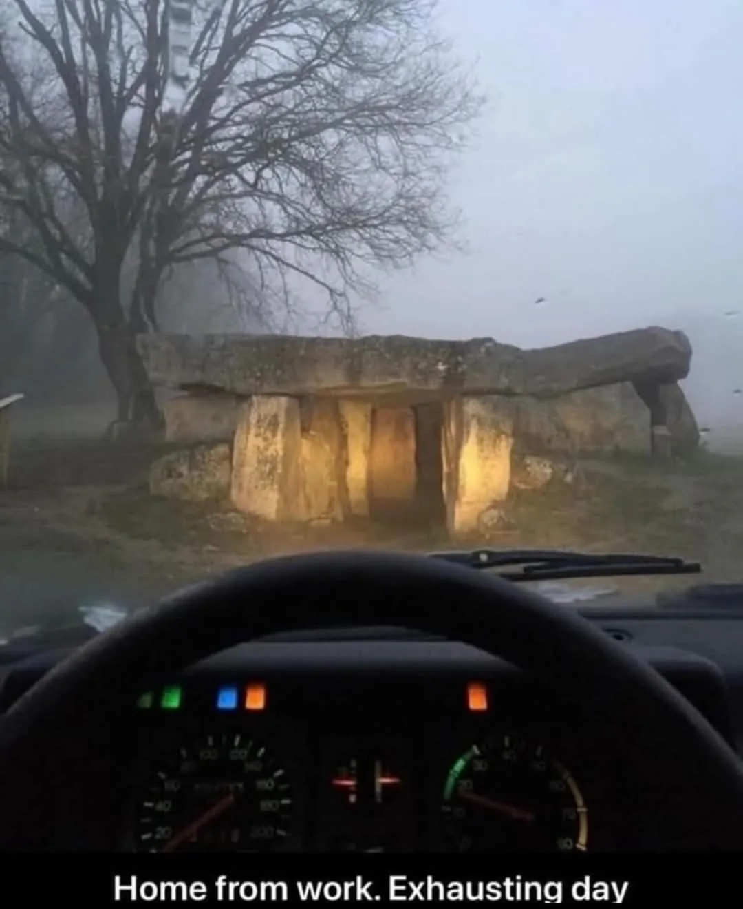 A first-person view from inside a car shows a dashboard with illuminated warning lights and a speedometer, looking out at a…
